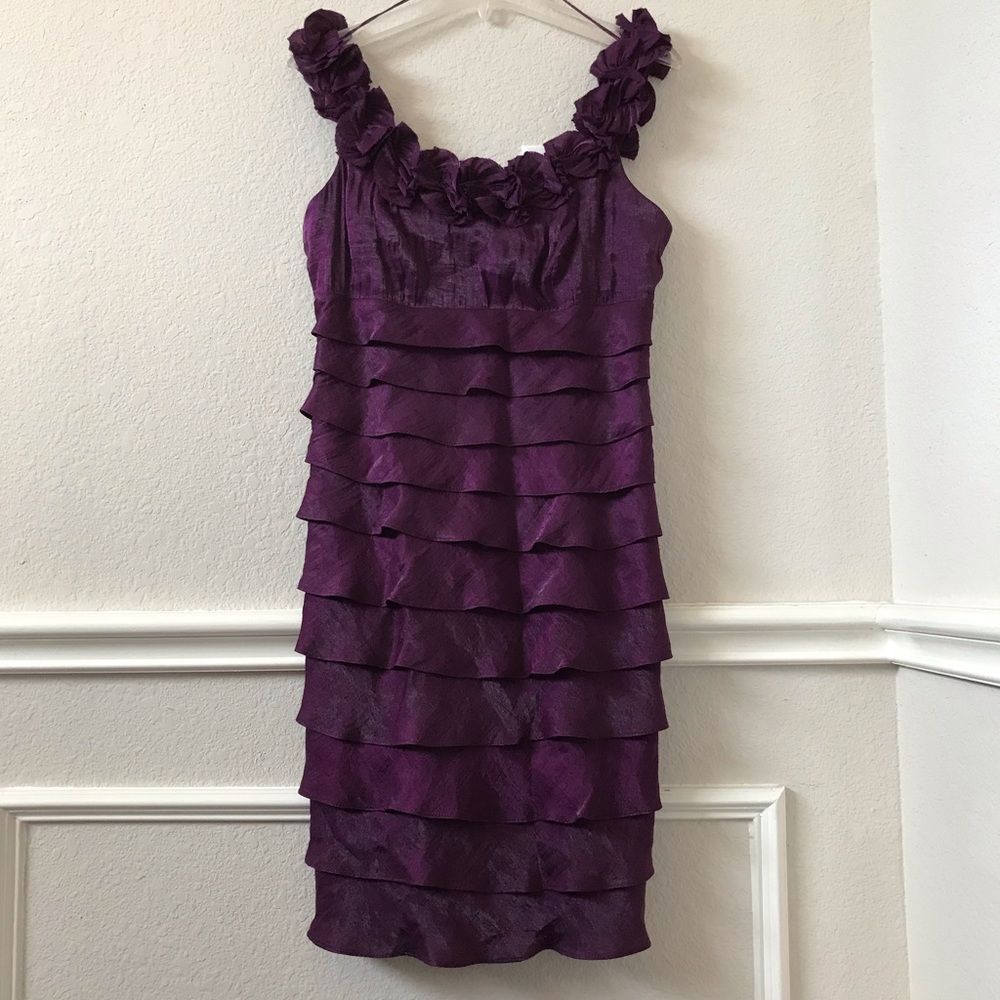 London Times Ruffled Shimmering Rosette Neck Dress